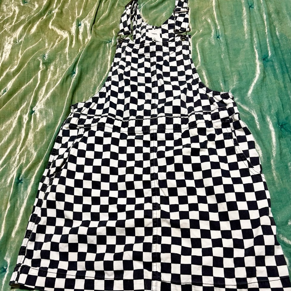 🖤 Classic Black & White Checkerboard Overall Dress – Size Medium 🖤
